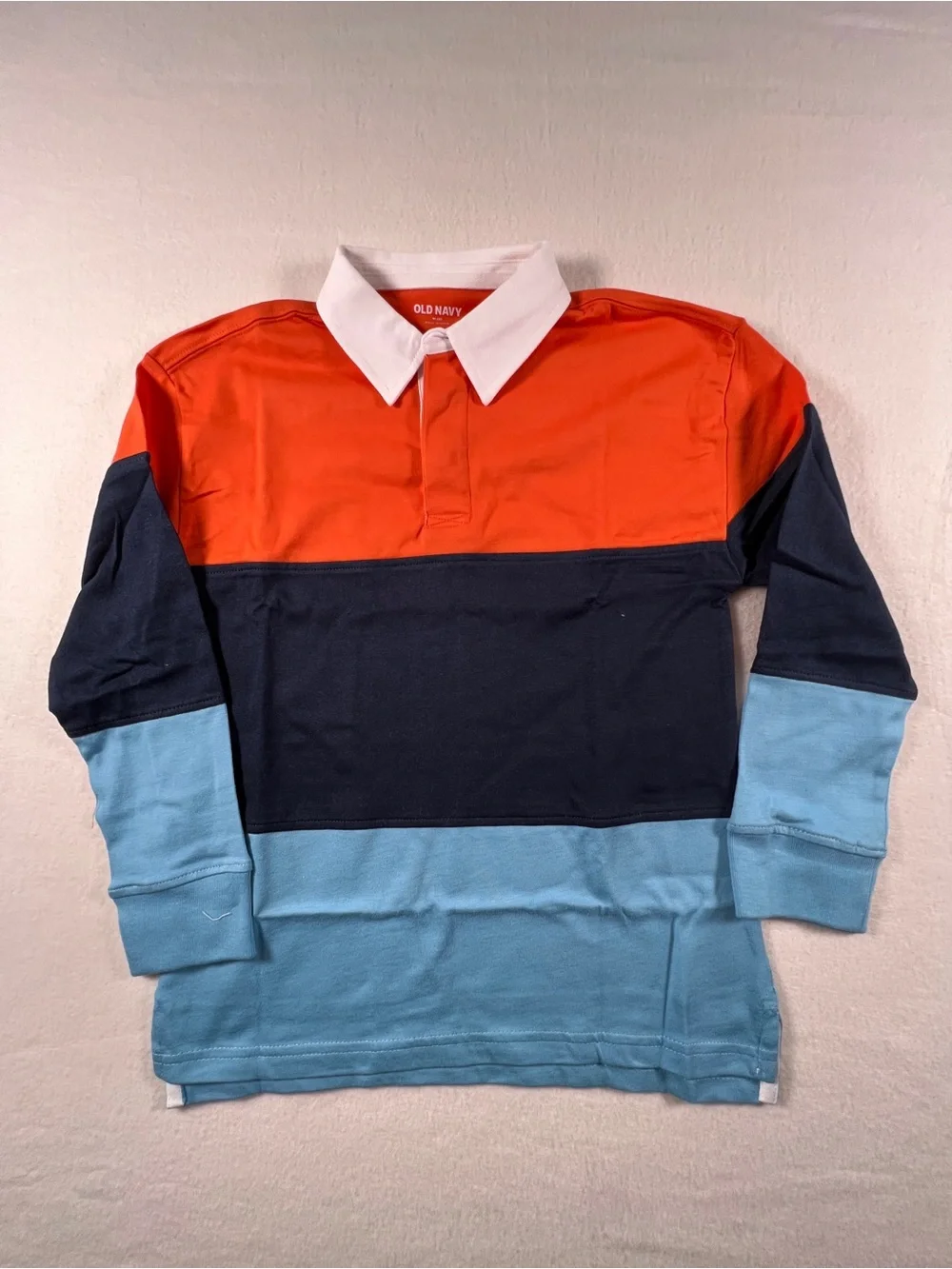 Old Navy Boys Colorblock Rugby Shirt - Orange/Navy/Light Blue with White Collar
